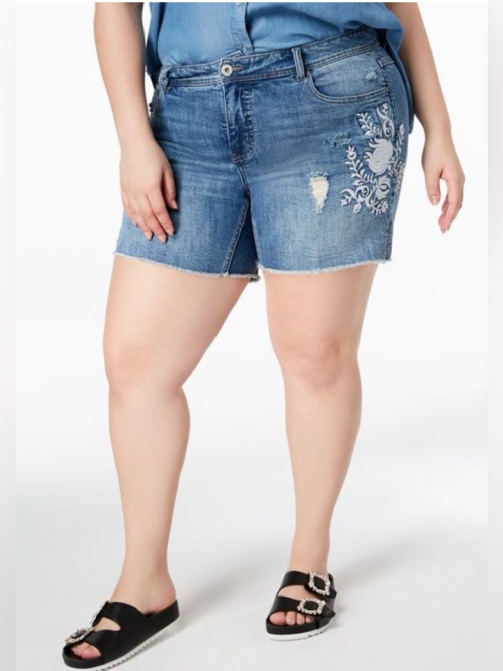 INC International Concepts Medium Blue Embroidered Denim Shorts Size 16